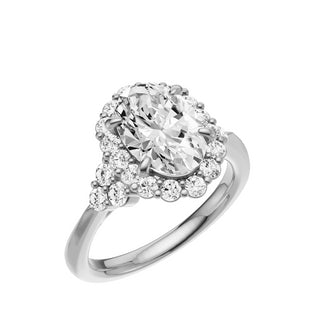 Light Gray Trinity Knife Edge 18kt Engagement Ring, with a 2ct Oval Lab Grown Diamond Solitaire, in a Diana Halo Setting