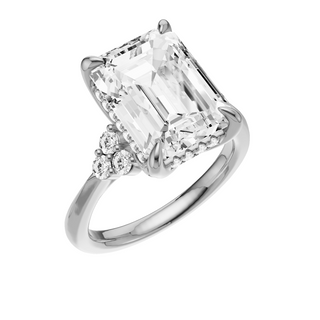 White Smoke Trinity Knife Edge PL Engagement Ring, with a 5.45ct Emerald Lab Grown Diamond Solitaire, in a Tulip Hidden Halo Setting