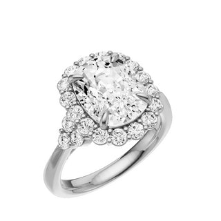 Light Gray Trinity Knife Edge 18kt Engagement Ring, with a 4ct Elongated Cushion Lab Grown Diamond Solitaire, in a Diana Halo Setting