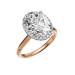 Light Gray Knife Edge 18kt Engagement Ring, with a 3ct Oval Lab Grown Diamond Solitaire, in a Shadow Halo Setting