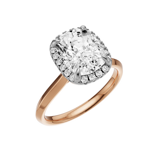 Light Gray Knife Edge 18kt Engagement Ring, with a 3ct Elongated Cushion Lab Grown Diamond Solitaire, in a Shadow Halo Setting