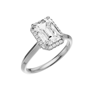 Light Gray Knife Edge 18kt Engagement Ring, with a 2ct Emerald Lab Grown Diamond Solitaire, in a Shadow Halo Setting