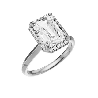 Light Gray Knife Edge 18kt Engagement Ring, with a 3ct Emerald Lab Grown Diamond Solitaire, in a Shadow Halo Setting