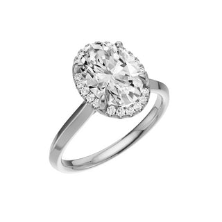 Light Gray Knife Edge 18kt Engagement Ring, with a 2ct Oval Lab Grown Diamond Solitaire, in a Shadow Halo Setting
