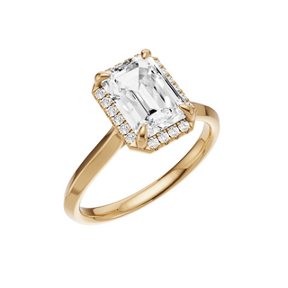 Light Gray Knife Edge 18kt Engagement Ring, with a 2ct Emerald Lab Grown Diamond Solitaire, in a Shadow Halo Setting
