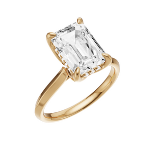 White Smoke Knife Edge 18kt Engagement Ring, with a 3ct Emerald Lab Grown Diamond Solitaire, in a Tulip Hidden Halo Setting