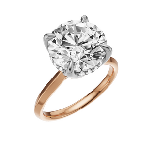White Smoke Knife Edge 14kt Engagement Ring, with a 4.18ct Round Lab Grown Diamond Solitaire, in a Tulip Hidden Halo Setting