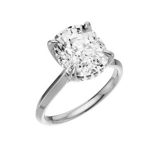 White Smoke Knife Edge 14kt Engagement Ring, with a 4.18ct Elongated Cushion Lab Grown Diamond Solitaire, in a Tulip Hidden Halo Setting