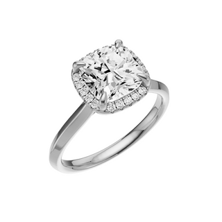 Light Gray Knife Edge PL Engagement Ring, with a 2ct Cushion Lab Grown Diamond Solitaire, in a Shadow Halo Setting