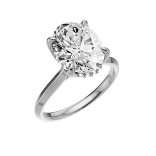 Light Gray Knife Edge PL Engagement Ring, with a 3ct Oval Lab Grown Diamond Solitaire, in a Tulip Hidden Halo Setting