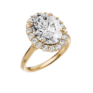 Light Gray Knife Edge 18kt Engagement Ring, with a 3ct Oval Lab Grown Diamond Solitaire, in a Diana Halo Setting