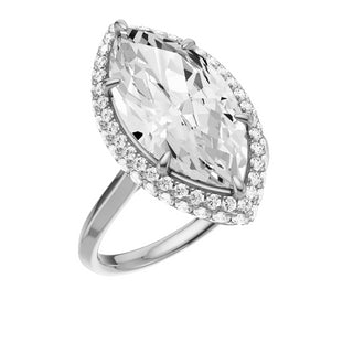 Light Gray Knife Edge 18kt Engagement Ring, with a 5ct Marquise Lab Grown Diamond Solitaire, in a Double Halo Setting