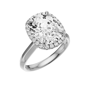 Light Gray Knife Edge 18kt Engagement Ring, with a 5ct Elongated Cushion Lab Grown Diamond Solitaire, in a Shadow Halo Setting