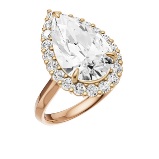 White Smoke Knife Edge 18kt Engagement Ring, with a 5.80ct Pear Lab Grown Diamond Solitaire, in a Diana Halo Setting