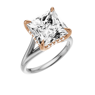 Light Gray Split Detail - Plain 18kt Engagement Ring, with a 5ct Princess Lab Grown Diamond Solitaire, in a Tulip Hidden Halo Setting