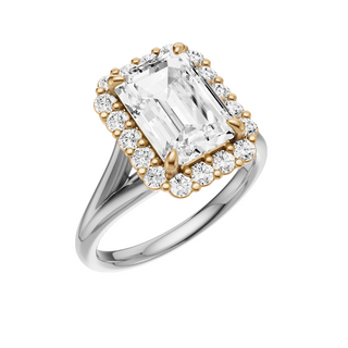 White Smoke Split Detail - Plain 14kt Engagement Ring, with a 3.44ct Emerald Lab Grown Diamond Solitaire, in a Diana Halo Setting