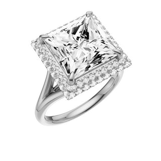 Light Gray Split Detail - Plain 18kt Engagement Ring, with a 5ct Princess Lab Grown Diamond Solitaire, in a Double Halo Setting