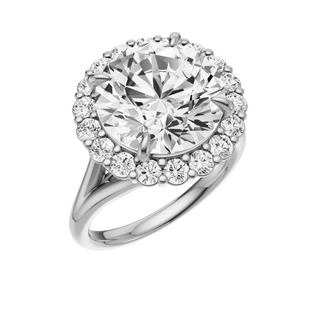 White Smoke Split Detail - Plain 14kt Engagement Ring, with a 5.73ct Round Lab Grown Diamond Solitaire, in a Diana Halo Setting