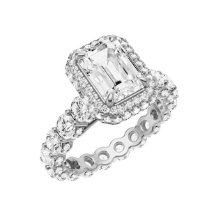 White Smoke Round Halo Detail 18kt Engagement Ring, with a 2ct Emerald Lab Grown Diamond Solitaire, in a Double Halo Setting