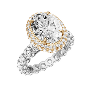 Light Gray Round Halo Detail 18kt Engagement Ring, with a 3ct Oval Lab Grown Diamond Solitaire, in a Double Halo Setting
