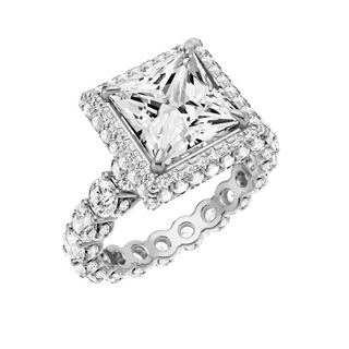 White Smoke Round Halo Detail 18kt Engagement Ring, with a 3ct Princess Lab Grown Diamond Solitaire, in a Double Halo Setting