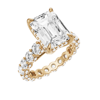 White Smoke Round Halo Detail 18kt Engagement Ring, with a 4ct Emerald Lab Grown Diamond Solitaire, in a Tulip Hidden Halo Setting