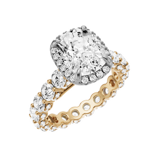 Light Gray Round Halo Detail 18kt Engagement Ring, with a 3ct Elongated Cushion Lab Grown Diamond Solitaire, in a Shadow Halo Setting
