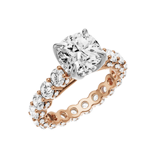 White Smoke Round Halo Detail 14kt Engagement Ring, with a 4.99ct Cushion Lab Grown Diamond Solitaire, in a Tulip Hidden Halo Setting
