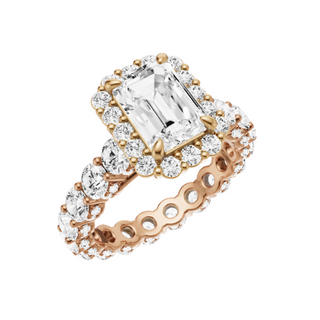 White Smoke Round Halo Detail 14kt Engagement Ring, with a 5.26ct Emerald Lab Grown Diamond Solitaire, in a Diana Halo Setting