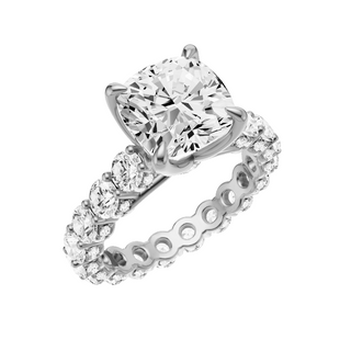 White Smoke Round Halo Detail 14kt Engagement Ring, with a 5.96ct Cushion Lab Grown Diamond Solitaire, in a Tulip Setting