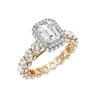 Light Gray Round Halo Detail 14kt Engagement Ring, with a 1ct Emerald Lab Grown Diamond Solitaire, in a Double Halo Setting