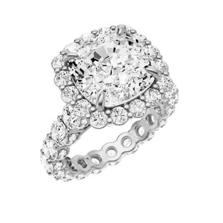 Light Gray Round Halo Detail 18kt Engagement Ring, with a 5ct Cushion Lab Grown Diamond Solitaire, in a Diana Halo Setting