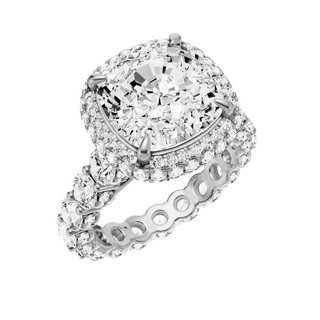 White Smoke Round Halo Detail 18kt Engagement Ring, with a 5ct Cushion Lab Grown Diamond Solitaire, in a Double Halo Setting
