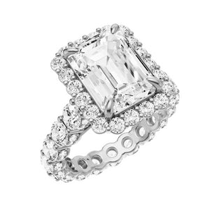 Light Gray Round Halo Detail 18kt Engagement Ring, with a 4ct Emerald Lab Grown Diamond Solitaire, in a Diana Halo Setting