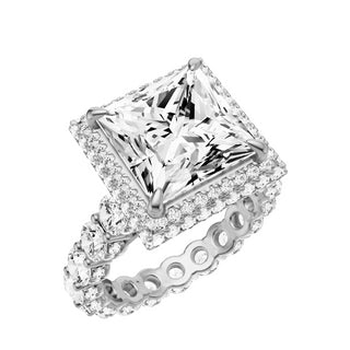 Light Gray Round Halo Detail 18kt Engagement Ring, with a 5ct Princess Lab Grown Diamond Solitaire, in a Double Halo Setting