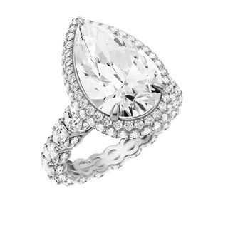 White Smoke Round Halo Detail 14kt Engagement Ring, with a 8.84ct Pear Lab Grown Diamond Solitaire, in a Double Halo Setting