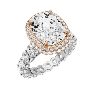 White Smoke Round Halo Detail 14kt Engagement Ring, with a 8.77ct Elongated Cushion Lab Grown Diamond Solitaire, in a Double Halo Setting