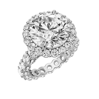 White Smoke Round Halo Detail PL Engagement Ring, with a 5ct Round Lab Grown Diamond Solitaire, in a Diana Halo Setting