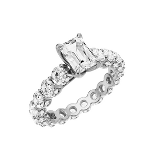 White Smoke Round Halo Detail 18kt Engagement Ring, with a 3.92ct Emerald Lab Grown Diamond Solitaire, in a Tulip Setting
