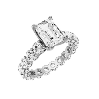 White Smoke Round Halo Detail 14kt Engagement Ring, with a 4.93ct Emerald Lab Grown Diamond Solitaire, in a Tulip Setting