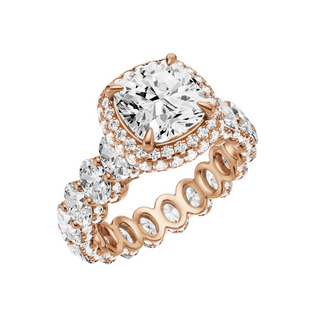White Smoke Oval Halo Detail 18kt Engagement Ring, with a 6.62ct Cushion Lab Grown Diamond Solitaire, in a Double Halo Setting