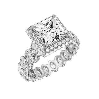 Light Gray Oval Halo Detail 18kt Engagement Ring, with a 2ct Princess Lab Grown Diamond Solitaire, in a Double Halo Setting