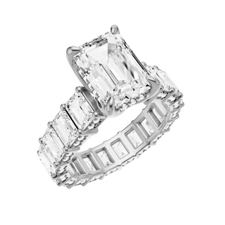 White Smoke Emerald Halo Detail 18kt Engagement Ring, with a 3ct Emerald Lab Grown Diamond Solitaire, in a Tulip Hidden Halo Setting