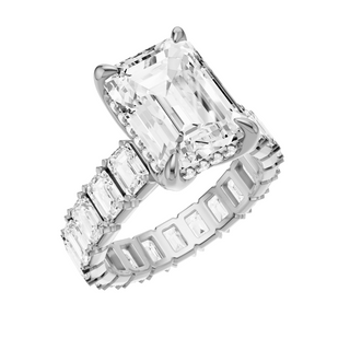 Light Gray Emerald Eternity 14kt Engagement Ring, with a 4ct Emerald Lab Grown Diamond Solitaire, in a Tulip Hidden Halo Setting