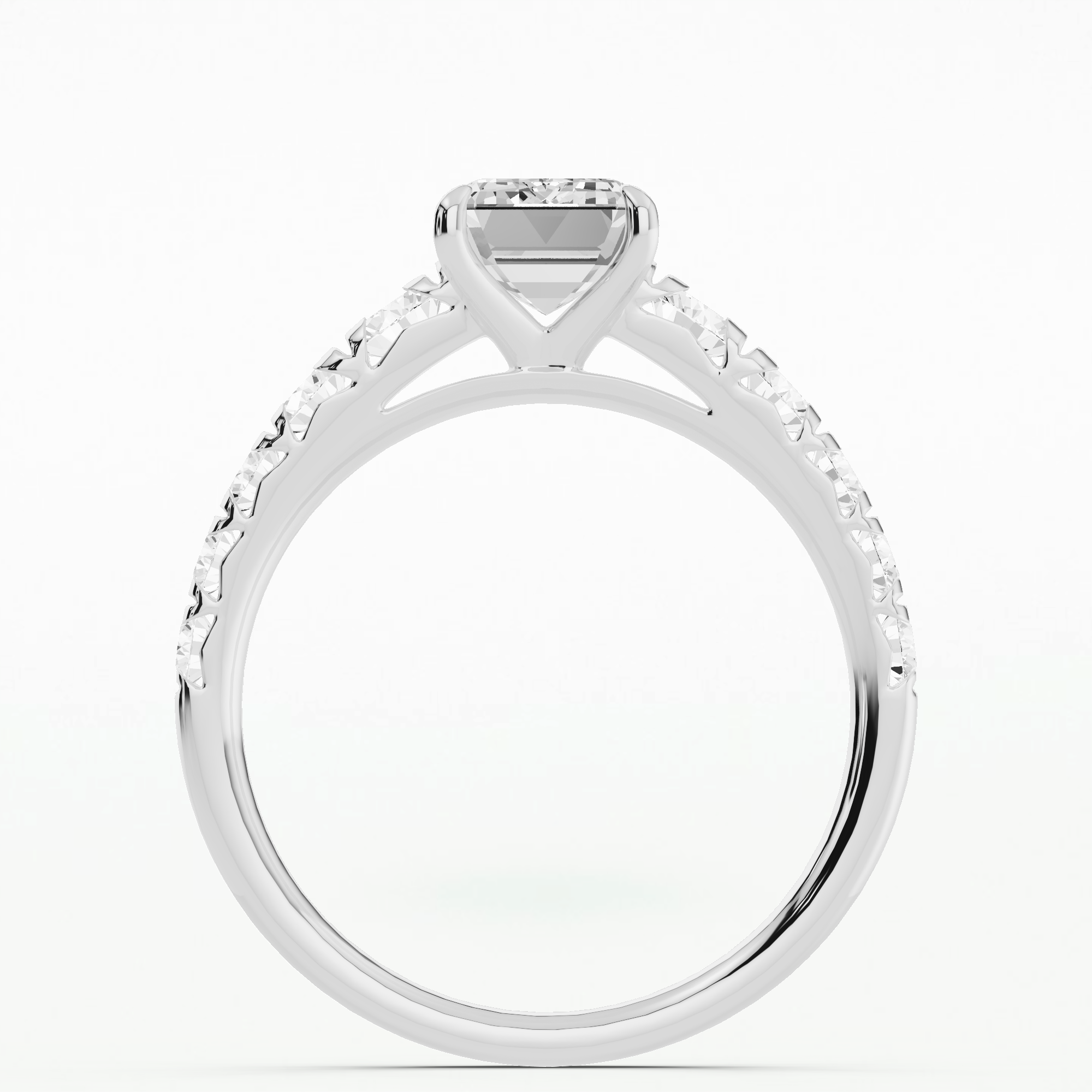 French Pave Studded Shank Solitaire Ring-Emerald Cut
