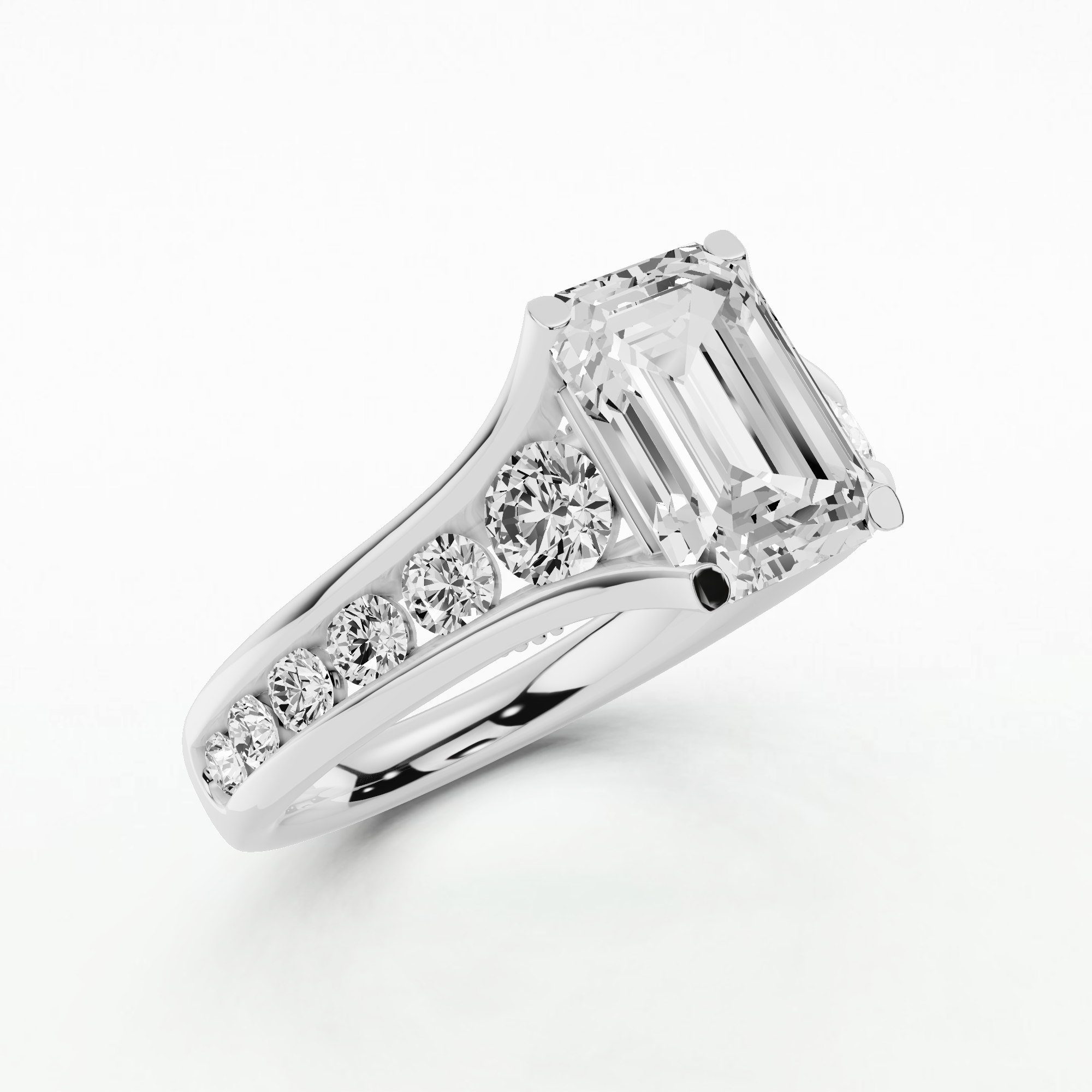 Channel Set Shank Studded Bridge Solitaire Ring-Emerald Cut