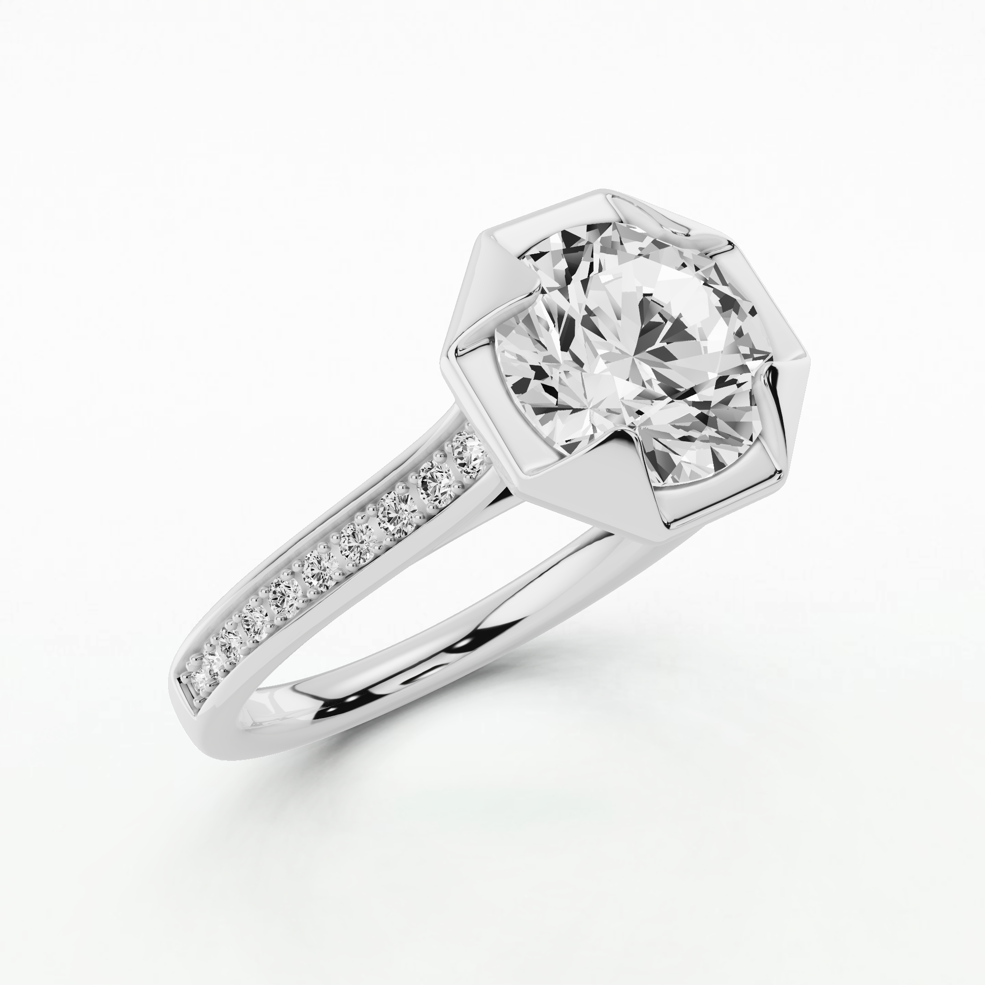 Geometric Bezel Triangle Prongs Channel Set Shank Solitaire Ring-Round