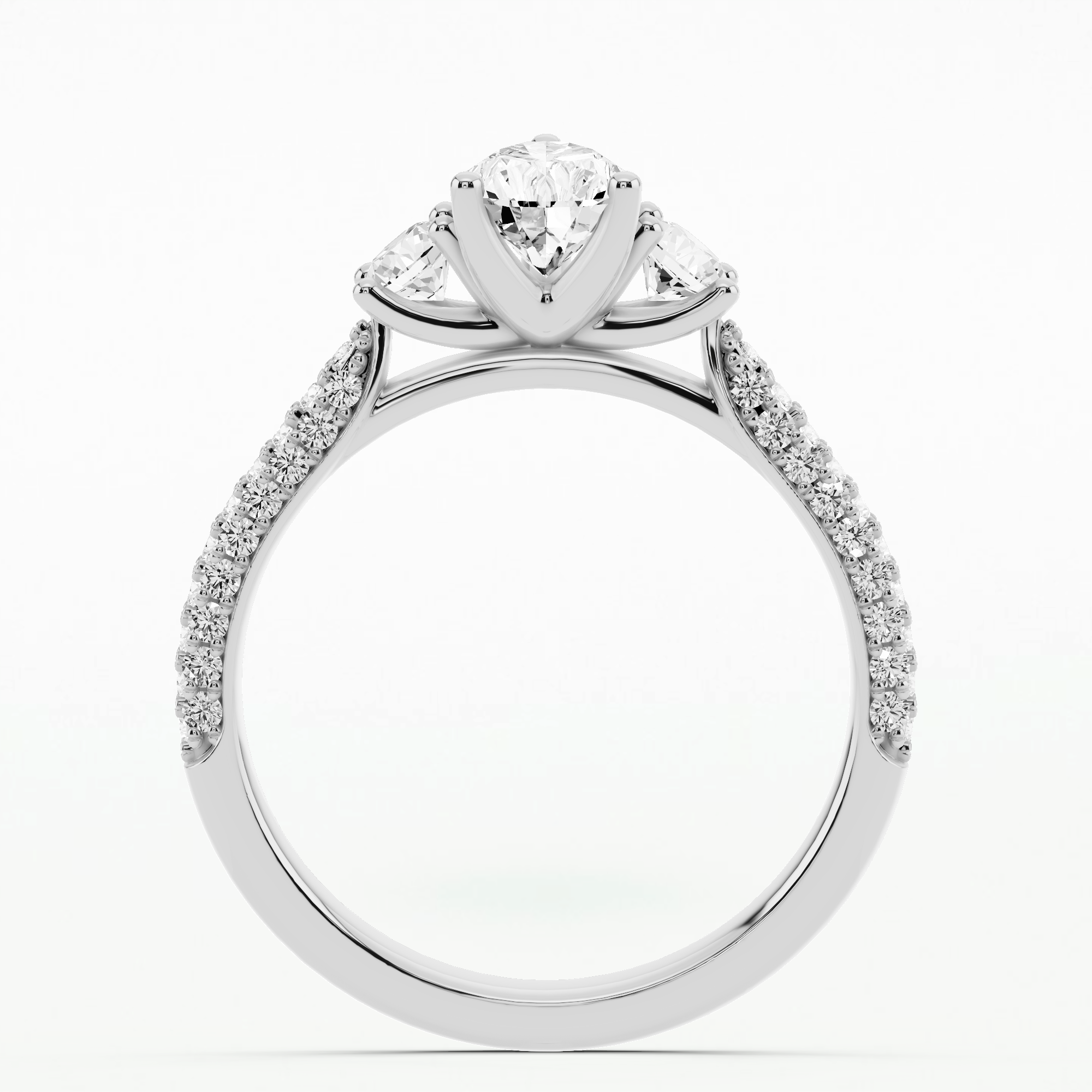 Dome Pave Trilogy Solitaire Ring-Pear