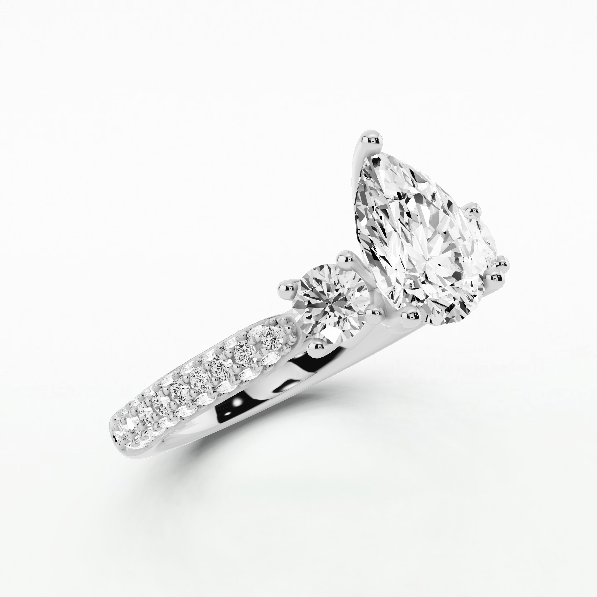 Dome Pave Trilogy Solitaire Ring-Pear
