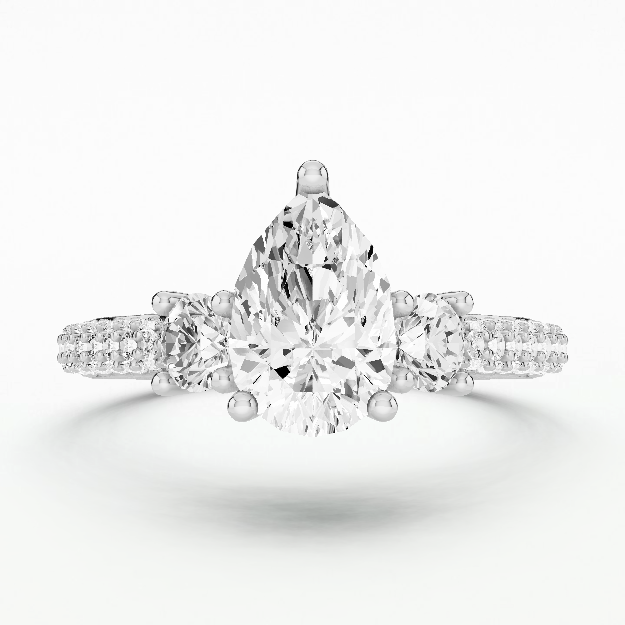 Dome Pave Trilogy Solitaire Ring-Pear